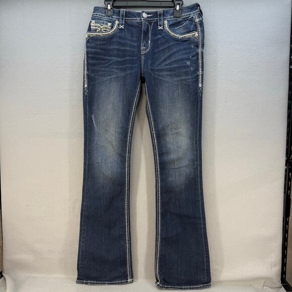 Rock Revival Denim - EUC Rock Revival Jeans Womens 29 Dark Blue Keeley Mid-Rise Boot Cut Preppy Bling
